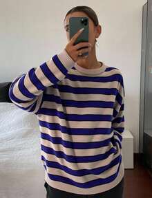 Livesso Damen-Strickpullover mit Kontraststreifen, lockerem Rundhalsausschnitt und langen Ärmeln, lässiger Pullover für Herbst/Winter, Schule - Blau - Übersicht 4