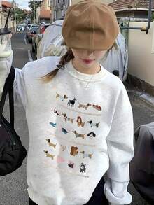 女士学生休闲宽松印花卫衣，图案为小狗和小猫，舒适百搭，适合日常穿着、上学、圣诞节、新年等场合，圆领长袖，秋冬季款。 - 灰色 - 查看 3