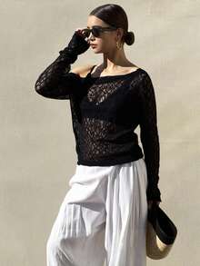 Livesso Women's Lace Asymmetric Neck Slim Fit Crop Top, White, Spring/Summer Sheer Long Sleeve Women Tops,Fall Women Clothes - Black - View 3