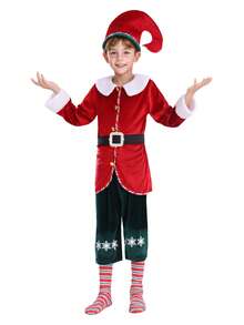 Fantasia de Natal de luxo para crianças: Ajudante de Papai Noel - Jaqueta, Calça Verde Estampada, Meias, Chapéu, Cinto | Festa de Natal/Apresentação Escolar/ - Multicolorido - Ver 5