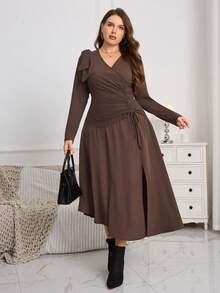 Plus Size Women's Asymmetric Ruched Shoulder Bow Decor Patchwork Handkerchief Hem Long Sleeve Dress, Autumn - Reddish Brown - View 5