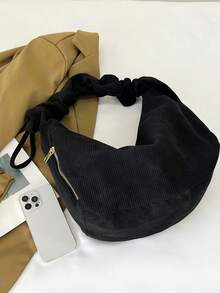 Foldable Velvet Handbag With Drawstring Shoulder Strap, Large Capacity, Vintage Style, Suitable For School, Commute, Autumn Season - Black - View 11
