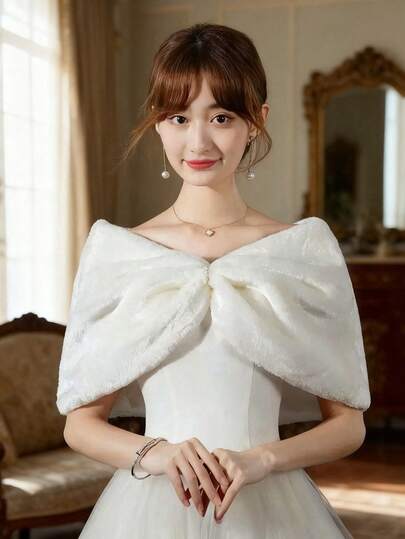 1件装女士白色毛绒披肩，新娘伴娘保暖披肩，套头披肩，冬季人造毛绒保暖新娘披肩，婚纱外套披肩，无肩带礼服外套披肩，适合婚礼、派对、仪式等场合，优雅复古浪漫别致奢华外套，短款新娘婚纱披肩