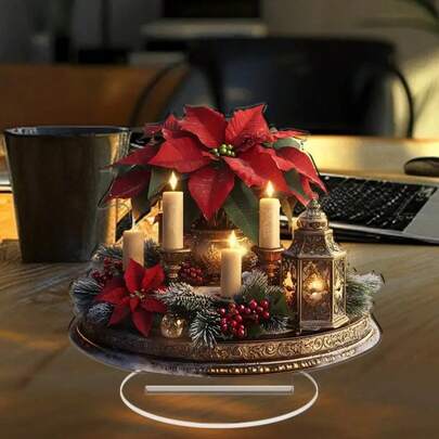 1 Stück elegante Acryl Weihnachtsmittelpunkt Dekoration - Feiertags Kerzenhalter Deko mit beleuchteter Kerze, roter Poinsettie und Beeren, goldene Akzente, geeignet für Zuhause und Büro, vielseitige Feiertags Dekoration