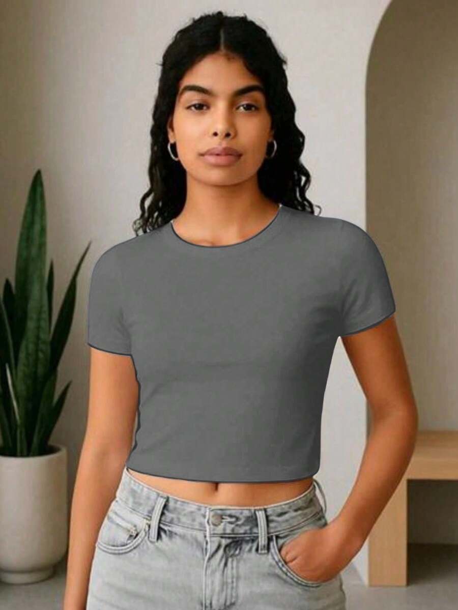 Women's Short Sleeve Ribbed Cropped Top With Sleeves, Summer - Grey - View 1