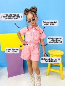 Kit 2 Macacao Infantil Menina Blogueirinha Jardineira Jeans Juvenil Shorts Zíper Moda Casual - Rosa chiclete - Visão 4