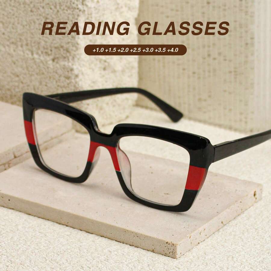 1pc Fashion Two-Tone Women's Elegant Reading Glasses, Premium Leopard Print Temples, Spring Hinges, Comfortable Wear For Reading, Office & Travel - Black and Red - View 1