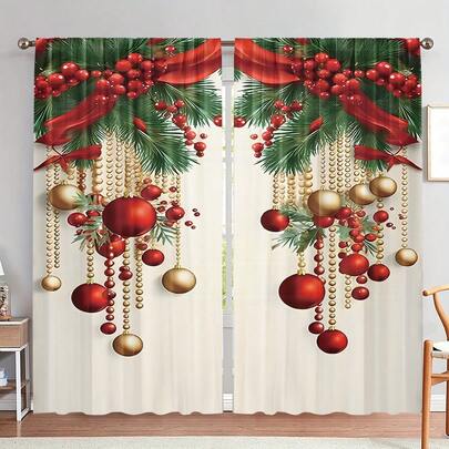 2 pezzi Tende decorative natalizie stampate 2D, con motivi di palline rosse e dorate, rami di pino e bacche, design con passante per asta, adatte per soggiorno, cucina, camera da letto, studio, hotel, sala da pranzo, decorazione per la casa