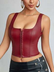 Apperloth A Áo corset da PU kiểu Y2K cho nữ, cổ vuông, ôm sát ngực, có gọng, định hình eo, móc cài phía trước, buộc dây phía sau, hở lưng, dây đeo rộng, kiểu croptop dễ thương, thoải mái mặc hàng ngày, dự tiệc âm nhạc, lễ hội, hòa nhạc đồng quê, đi chơi, tiệc tùng mùa hè. - Màu Đỏ Sâu - Xem 2