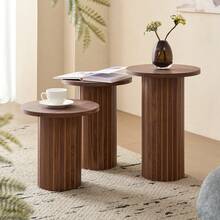 3-Piece Nesting Coffee Table Set, Modern Small Round Wood Side Tables, Fluted Drum Base, For Living Room, Bedroom, Apartment, Small Space, Sofa - 棕色 - 查看 6