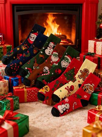 5 paquets de chaussettes de Noël amusantes pour femmes et hommes, chaussettes de fête originales mi-mollet, chaussettes chaudes et confortables d'hiver pour la cheville pour les couples et la famille