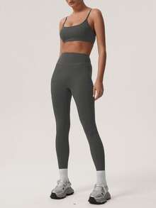 Sodalemon Women's Solid Color Thick Sports Bra & Yoga Leggings 2 Pieces Workout Set - Grey - View 4