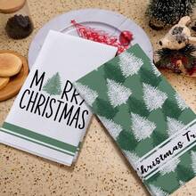 1 pièce/2 pièces/24 pièces Serviettes de cuisine à motif de gaufre de Noël, serviettes absorbantes imprimées avec sapin de Noël vert pour la décoration de Noël