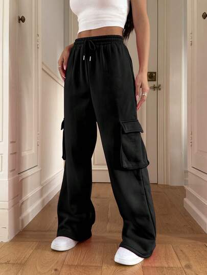 Damen Herbst und Winter amerikanischer Stil Woll-Latzhose mit Taschen, verstellbarer Kordelzug, modische Sporthose, Herbst und Winter Latzhose, geeignet für Wintertemperaturen von 5°C und darunter, Fleece