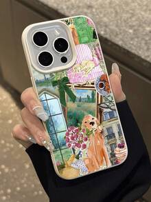 Flower 1pc New Watercolor Floral Bouquet & Puppy Frame Pattern Soft Protective Phone Case, Anti-Slip & Shock-Resistant, Compatible With Apple And Phones - Multicolor - View 5