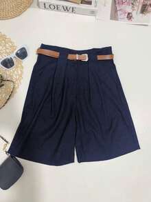 Women's Linen Shorts/Plinsaso/With Belt Loops/Knife Pocket/Includes Belt - New Navy Blue - View 2