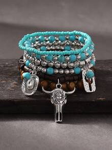 6 件西部牛仔风格复古椰子壳、绿松石串珠牛仔帽、靴子吊坠多层手链套装，弹性手链适合女士休闲、节日装 - 彩色 - 查看 3