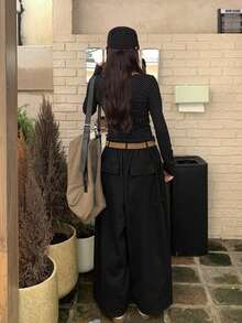 韩版简约波点长袖T恤搭配蕾丝边上衣 - 黑色 - 查看 2