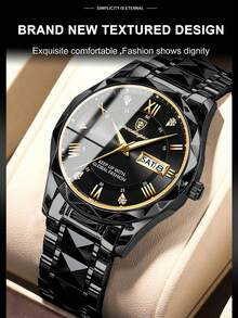 POEDAGAR 1件装时尚男士不锈钢防水夜光手表，带星期和日期显示功能，商务石英表，带表盒，休闲男士腕表，适合日常场合，男士礼物