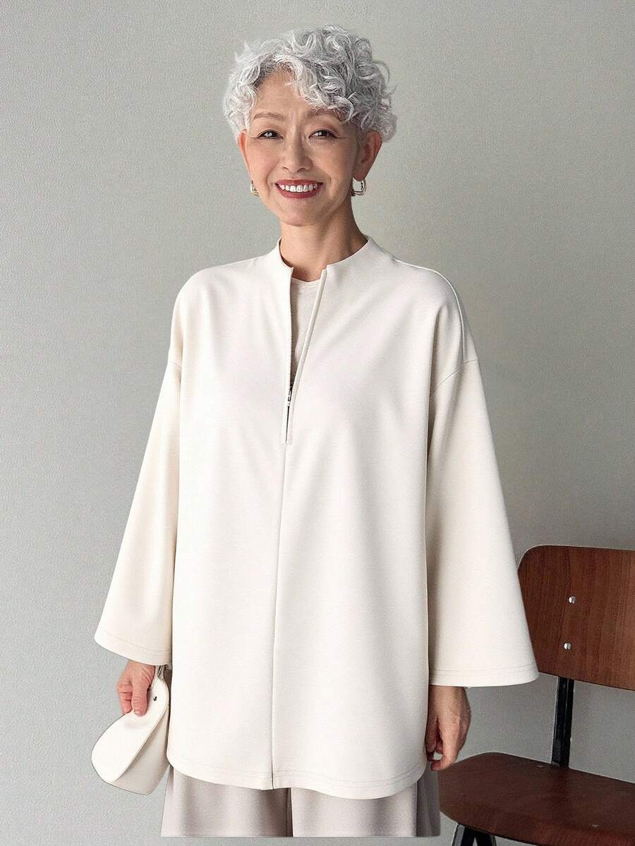 FRIFUL 女式纯色前拉链长袖休闲T恤 - 白色 - 查看 1