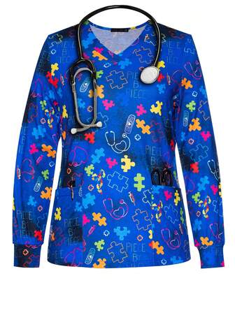 Women's Heart & Puzzle Print V-Neck Scrub Fall Long Sleeve Nurse Uniform Tops With Pockets For Women