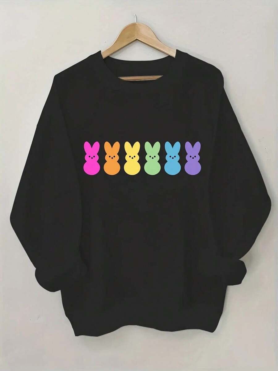 Colorful Rabbit Pattern Fleece-Lined Sweatshirt - Long Sleeve Round Neck Pullover With Drop Shoulder, Machine Washable Winter Workout Top For Gym Running Training & Casual Wear, Soft Texture Apparelgifts For Mom-Free Shipping - Black - View 1