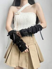 1 Pair Of Cute Bow Tie Women's Gloves Vertical Striped Women's Open Finger Gloves Y2K Warm Arm Cover Millennium Hot Girl Long Sleeve Cover