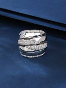 1pc Bronze Material Smooth Patchwork Ring With Inlay Rhinestone & Cubic Zirconia, Personalized Fashion Woman Big Ring, Suitable For Gift And Women's Daily / Holiday Wear