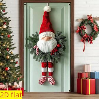 TKLK 1pc Festive Christmas Gnome Door Hanging Decoration, Polyester Over-The-Door Wreath With Red Striped Legs, No Electricity Required, Holiday Wall Decor