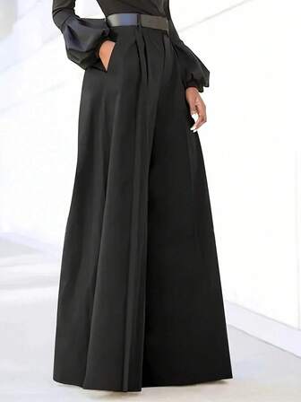 Plus Size Women's Pleated Loose Casual Wide Leg Pants In Black