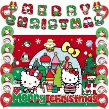 Decoraciones de fiesta de Sanrio - Globos de fiesta de Navidad con diseño de Hello Kitty, fondo de pantalla de Navidad Kawaii de Hello Kitty, banderín de Navidad de Hello Kitty, decoración colgante de pared de Hello Kitty, decoraciones de fondo para fotos de reunión de fiesta