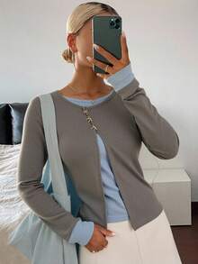 Livesso Women's Contrast Color Long Sleeve 2 In 1 Oblique Collar Round Neck Butterfly T-Shirt,Fall Clothes - Grey - View 2