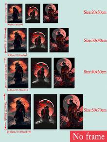 3幅神秘武士对抗红月山峦的壁画，可选画框 - 黑色 - 查看 4