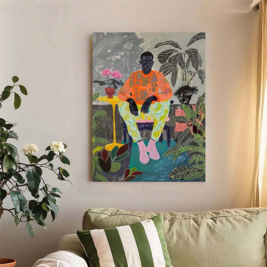 Framed Canvas Poster Print Wall Art 1pc Canvas Art Print - African American Male Portrait, Vibrant Masculine Wall Decor For Bedroom, Living Room, Hallway, Surreal Background With Bold Patterns - 已裝框(已裝框) - 查看 1