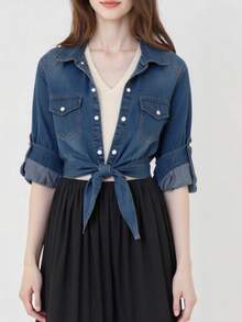 女士卷袖系带七分袖牛仔短款上衣，休闲春季款 - 藍色 - 查看 4