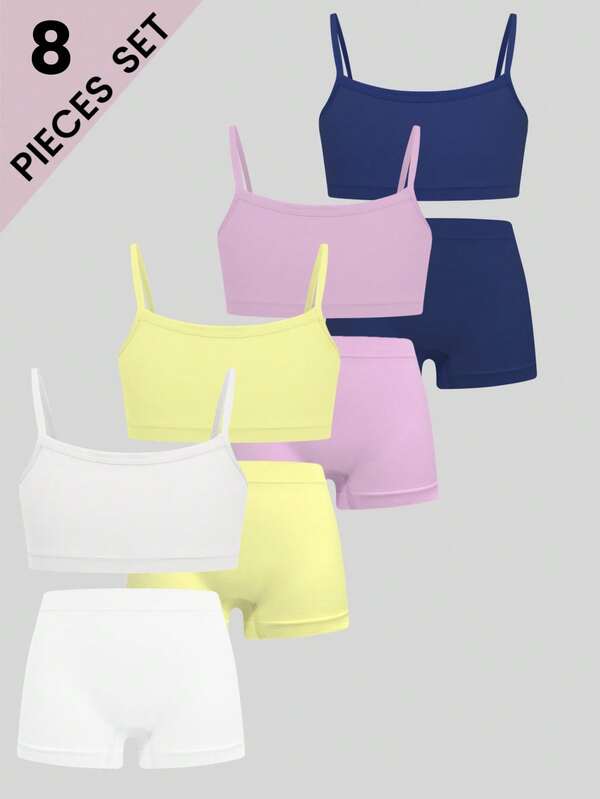 8pcs Girls Casual Solid Color Minimalist Camisole & Boyshort Underwear Set, Seamless Soft & Comfortable, Suitable For Teenage Students Daily Sportswear