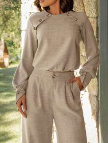 ANCHOSE Damen Business-Casual Set mit Schulterriemen, Knopfdekor Langarmoberteil und weiter Hose, Herbst