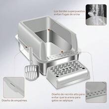 Arenero para Gato Acero Inoxidabl, Caja de con Tapa de Lados Altos, Gatos Grandes Arenero para Gato Autolimpiable con Cuchara y Filtro Antifugas60 * 40 * 31cm - Gris - Ver 4