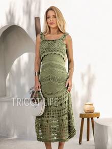 Women's Crochet Midi Dress, Lined, Elegant, New Year's Eve Party, Casual, Batal, Wedding, Gender Reveal - 橄欖綠 - 查看 4