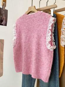 Áo vest nữ màu trơn, phối ren, dệt kim, thích hợp cho mùa xuân, màu hồng. - Hồng - Xem 5