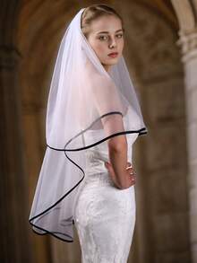 1 件双层缎边新娘面纱，适用于婚礼仪式面罩、摄影道具、教堂婚纱配饰，带发梳，超长拖尾 - 寬3米 - 查看 14
