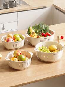 1pc 2-In-1 Double-Layer Drain Basket,2-In-1 Easy-To-Use,Vegetable Dryer,Fruit Drain Container With Handle,Refrigerator Freshness Basket,Fruits And Vegetable Washing Basket,Drain Basket,Vegetable Drain Basket - Multicolor - View 3