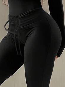 Women's Black Drawstring Flared Pants - Casual Chic Wide-Leg Trousers With Flowy Design, Casual Y2K Style Spring Winter Clothes, Vacation New Years Valentine Outfits For Women - 黑色 - 查看 3