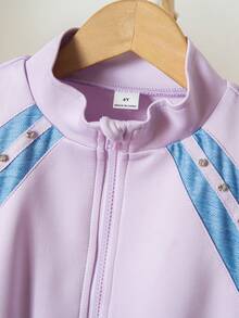 مجموعة من قطعتين، هوديي بسحاب وكتل لوني + بنطلون بكتل لوني، ملابس رياضية وكاجوال للبنات، مناسبة للأنشطة الخارجية والاستخدام اليومي - الأرجواني - مشاهدة 3