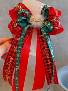 1pc Girls' Joyful Holiday Party Christmas Printed Ribbon Multi-Layer Bow Streamer Hair Clip - Red - View 3