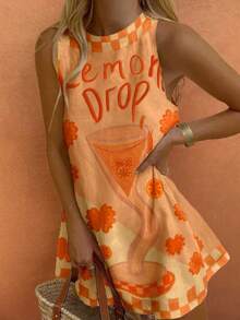 Sea Starshine Bohemian Summer Beach Casual Vacation Comfort Women's Lemon Cup Letter Clashing Plaid Leaf Pattern Sleeveless Dresses Brunch Outfits For Women