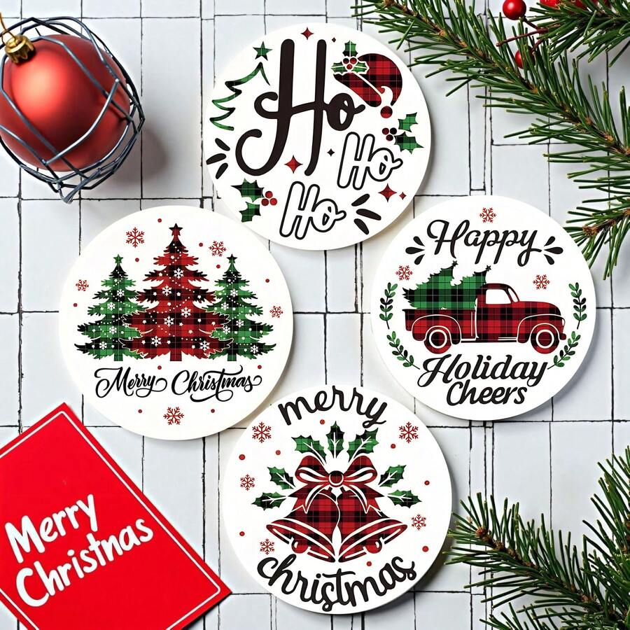 4/8 miếng lót ly chủ đề Giáng sinh, miếng lót ly thấm hút họa tiết Giáng sinh dùng cho cà phê, nhà bếp, bàn, phòng, trang trí quầy bar, quà tặng ngày lễ - Nhiều màu - Xem 1