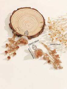 1 Set Fashionable Jewelry Set, Detachable Rhinestone Teardrop Earrings With Small Bell & Faux Pearl Tassel Earrings, Hair Accessories & Earrings Combo Set, Convertible To 4pcs Long Chain Jewelry, Suitable For Women's Daily, Festival, Wedding And Party Wear/Bridal Jewelry/Jewelry Gift - Fashion - View 5