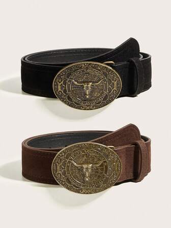 1pc Women's Retro Carved Cow Head Buckle Pu Leather Western Style Belt Boho Belt,Perfect For Daily Use Halloween