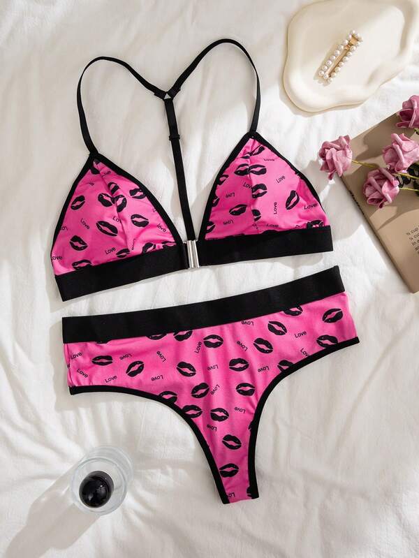 1 Set Lip Print Sexy Y-Back Bra And Thong Panty Set